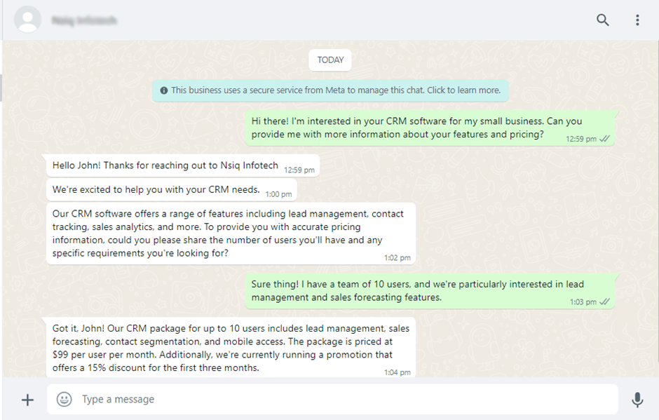 Example of messaging between salesforce and WhatsApp