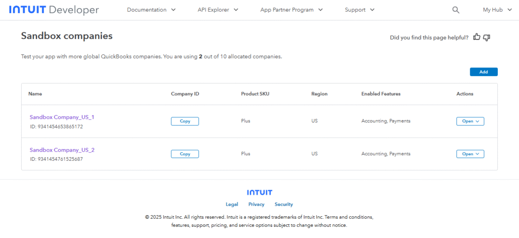 Creating a Sandbox in QuickBooks Developer.