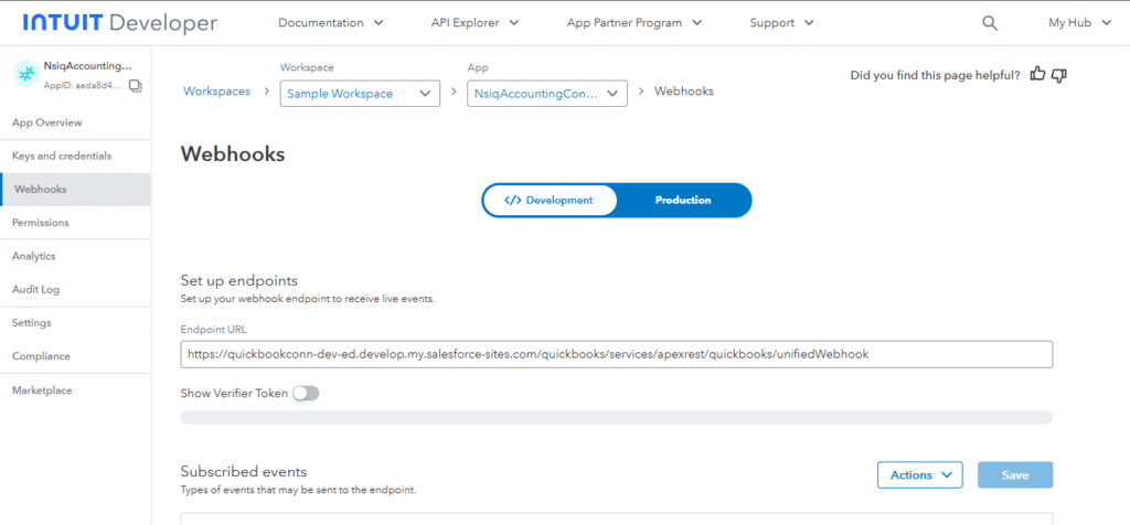Webhooks API in QuickBooks Developer