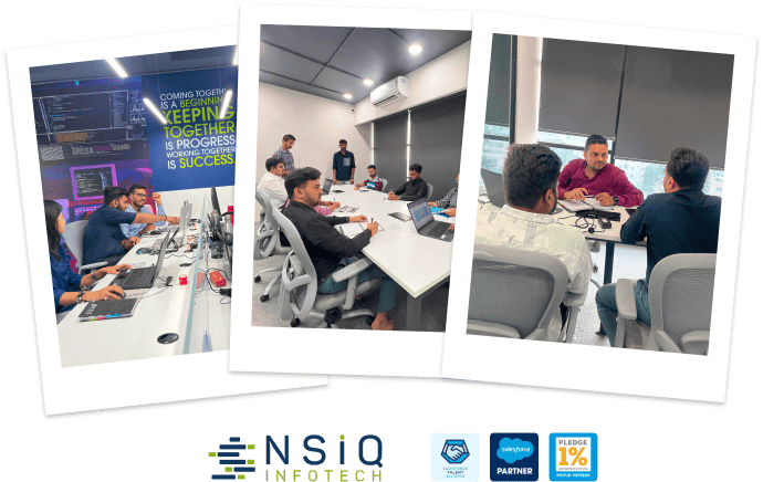 Three photos showing office scenes: team coding together, group meeting in a conference room, and a one-on-one discussion by a window