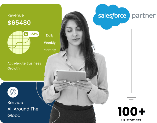 Woman using tablet with revenue stats, Salesforce partner logo, and 100+ customers